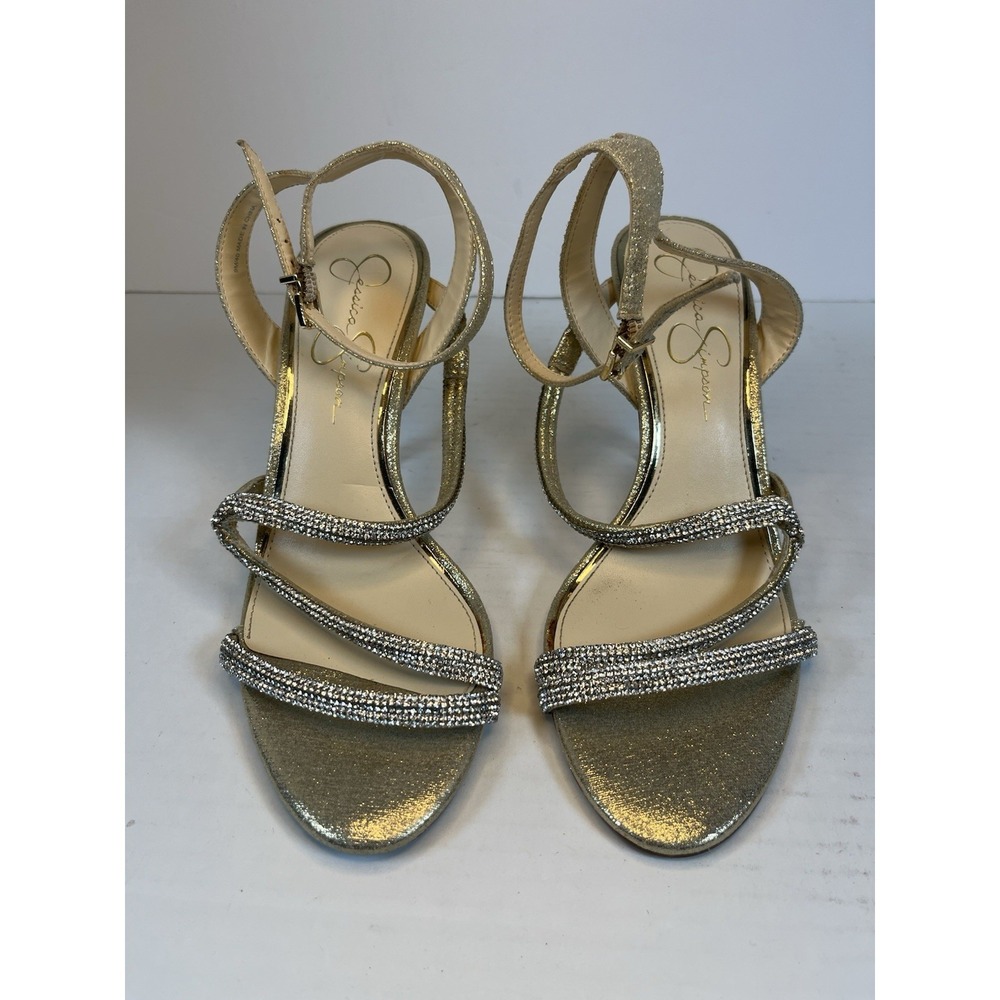 Jessica Simpson Becalel Strappy Rhinestone Sandals Heeled Gold Shimmering Size 9